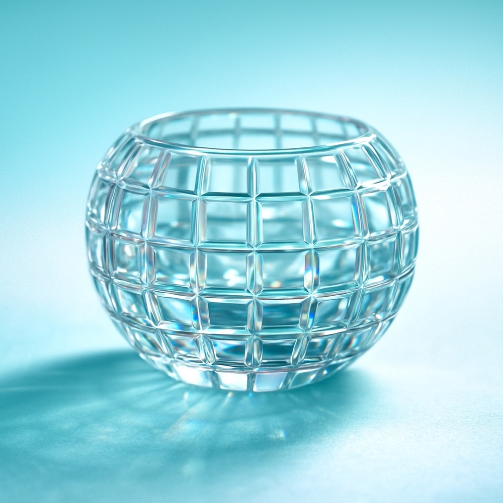 Vase107: AJKA Crystal (Hungary), Hand-Cut Round Orb Votive, Signed